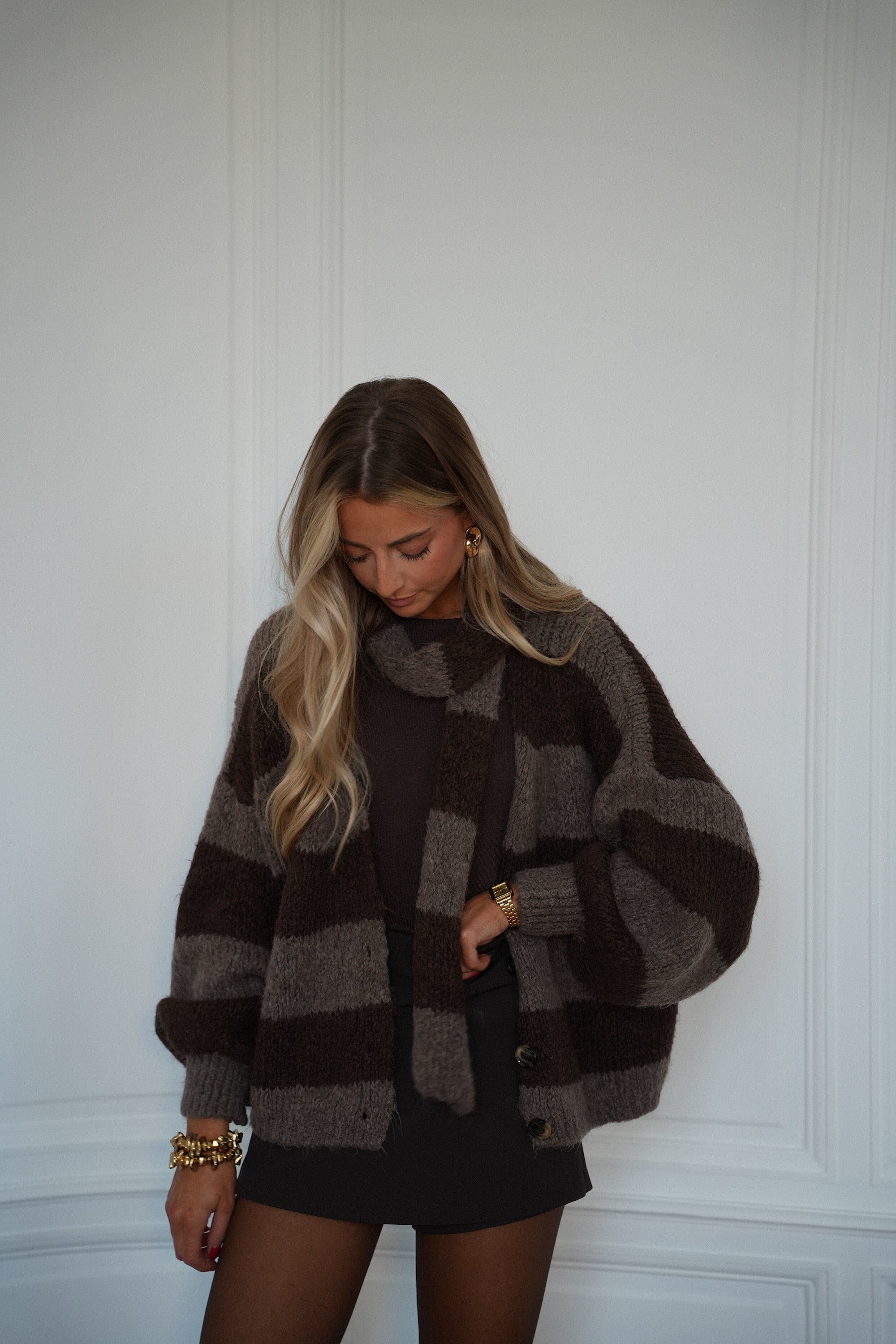 Jasmin chocolat - Gilet écharpe rayé