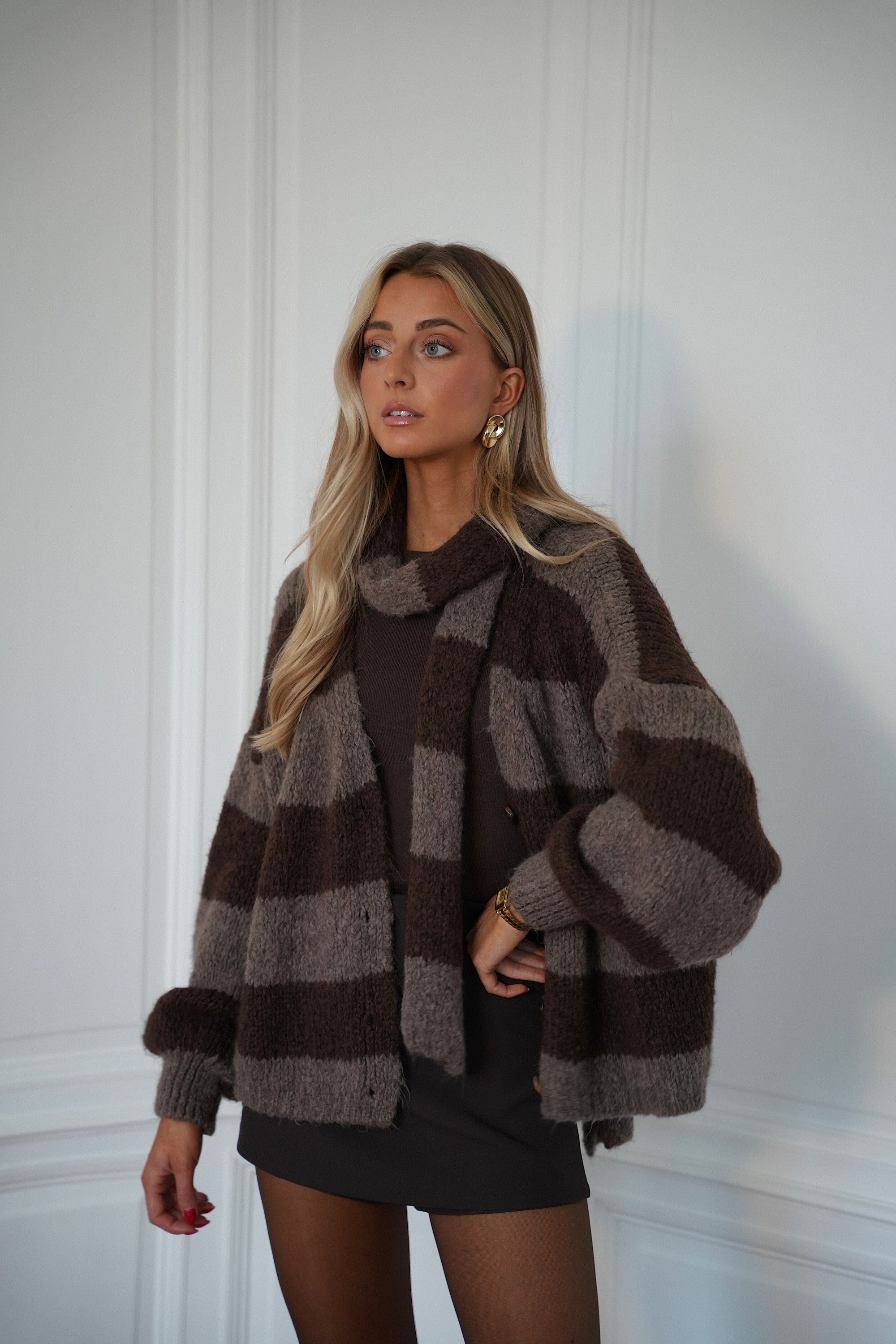 Jasmin chocolat - Gilet écharpe rayé