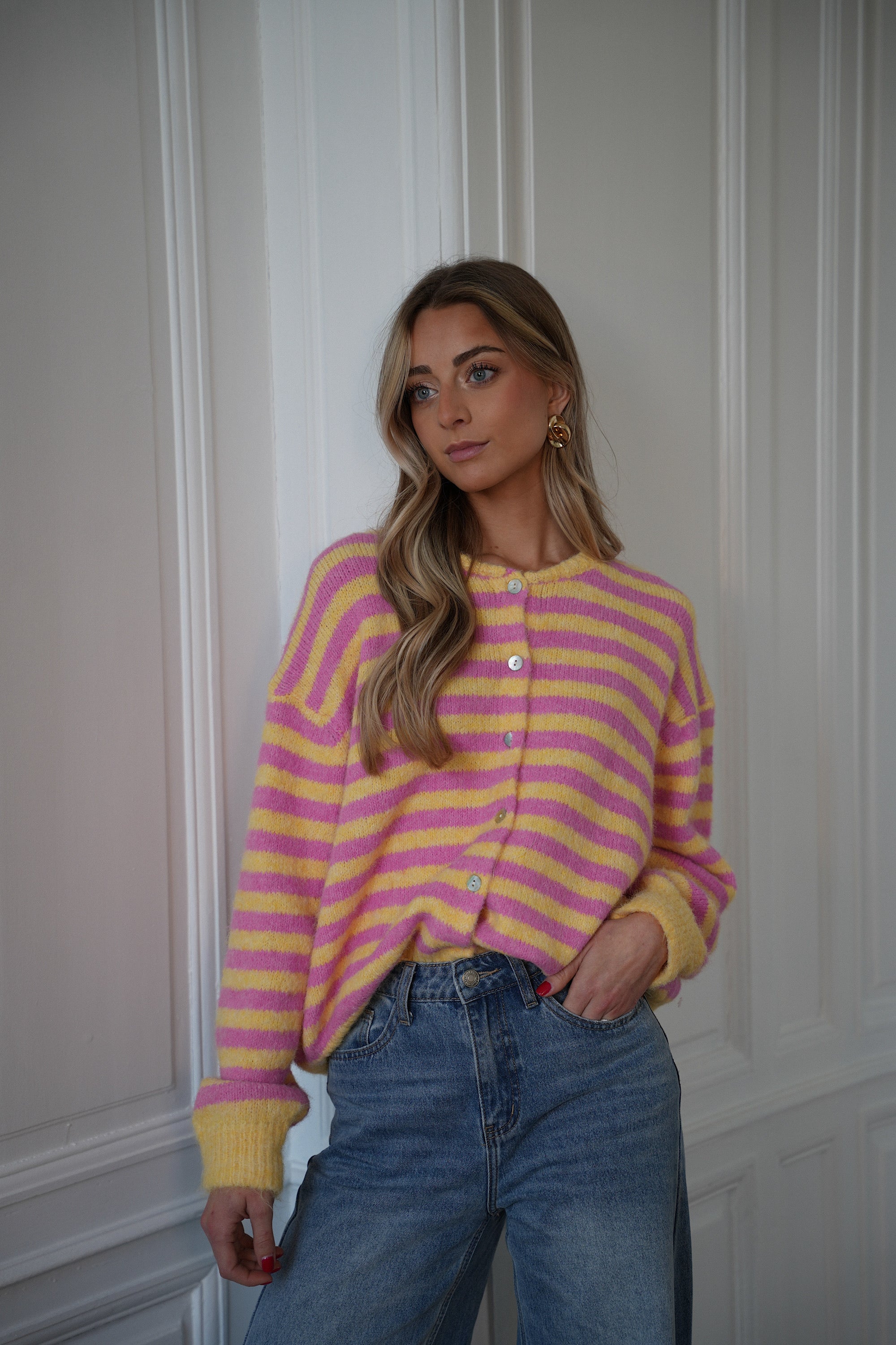 Fany rose/jaune - Gilet rayé