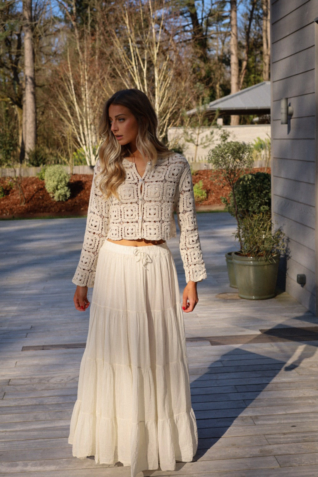 Hailey beige - Gilet crochet perlé