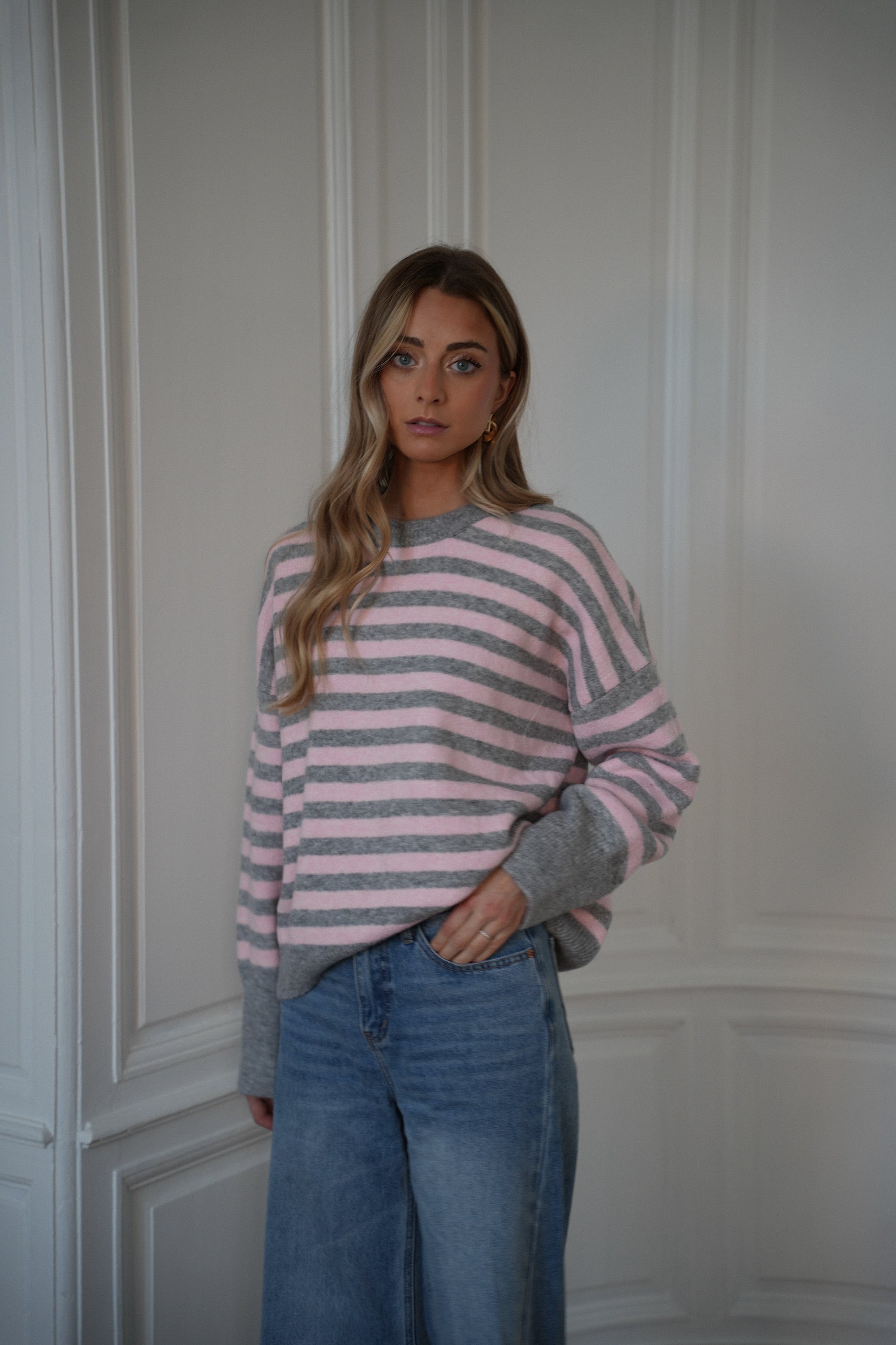 Ariane gris/rose - Pull rayé