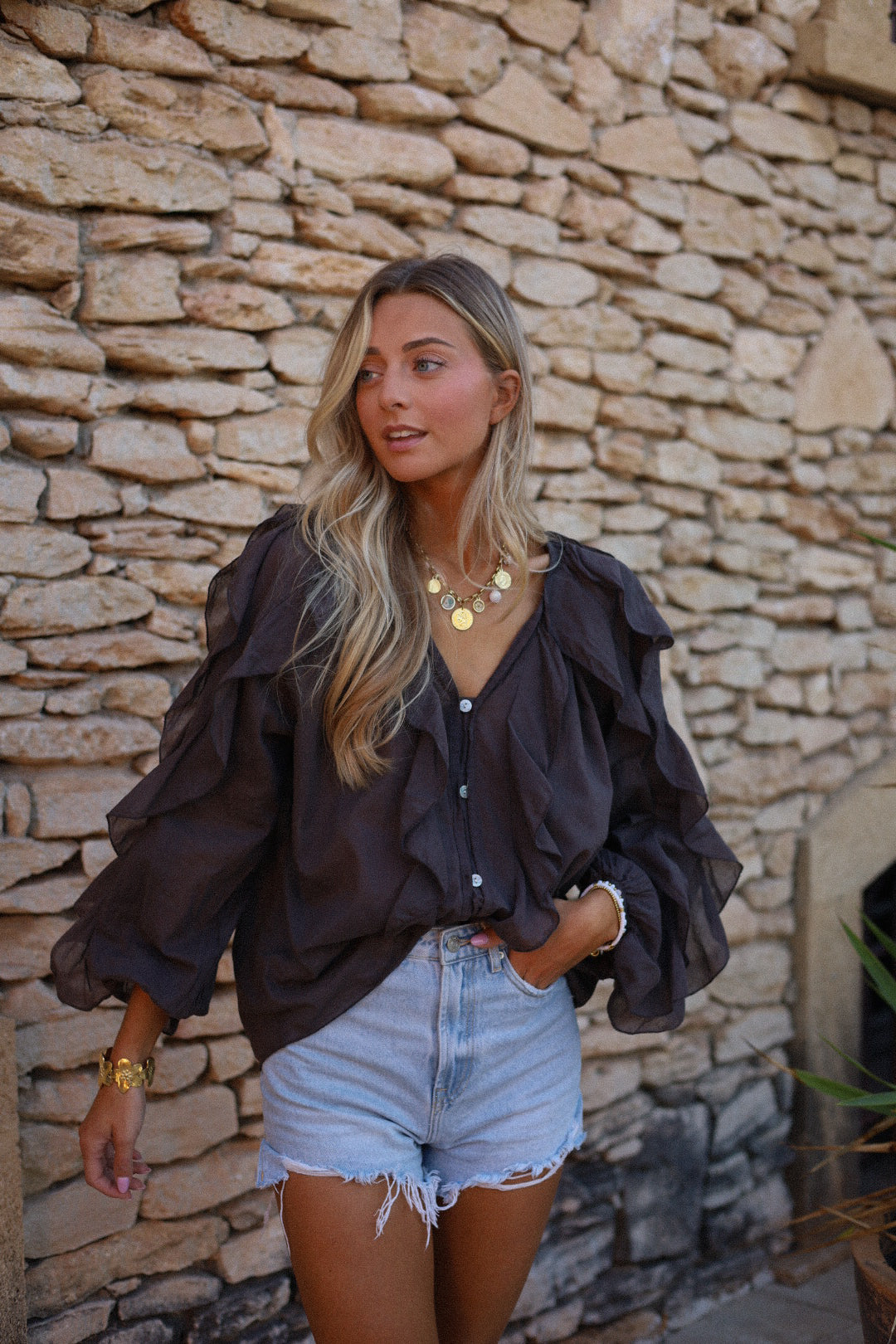 Talys chocolat - Blouse volantée