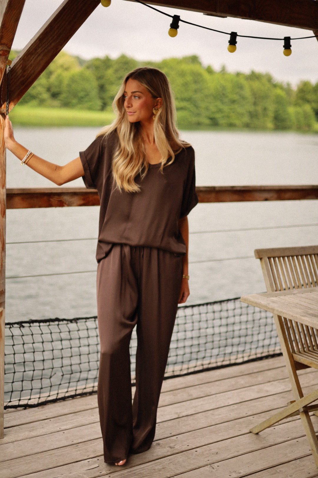 Julya chocolat - Pantalon satiné