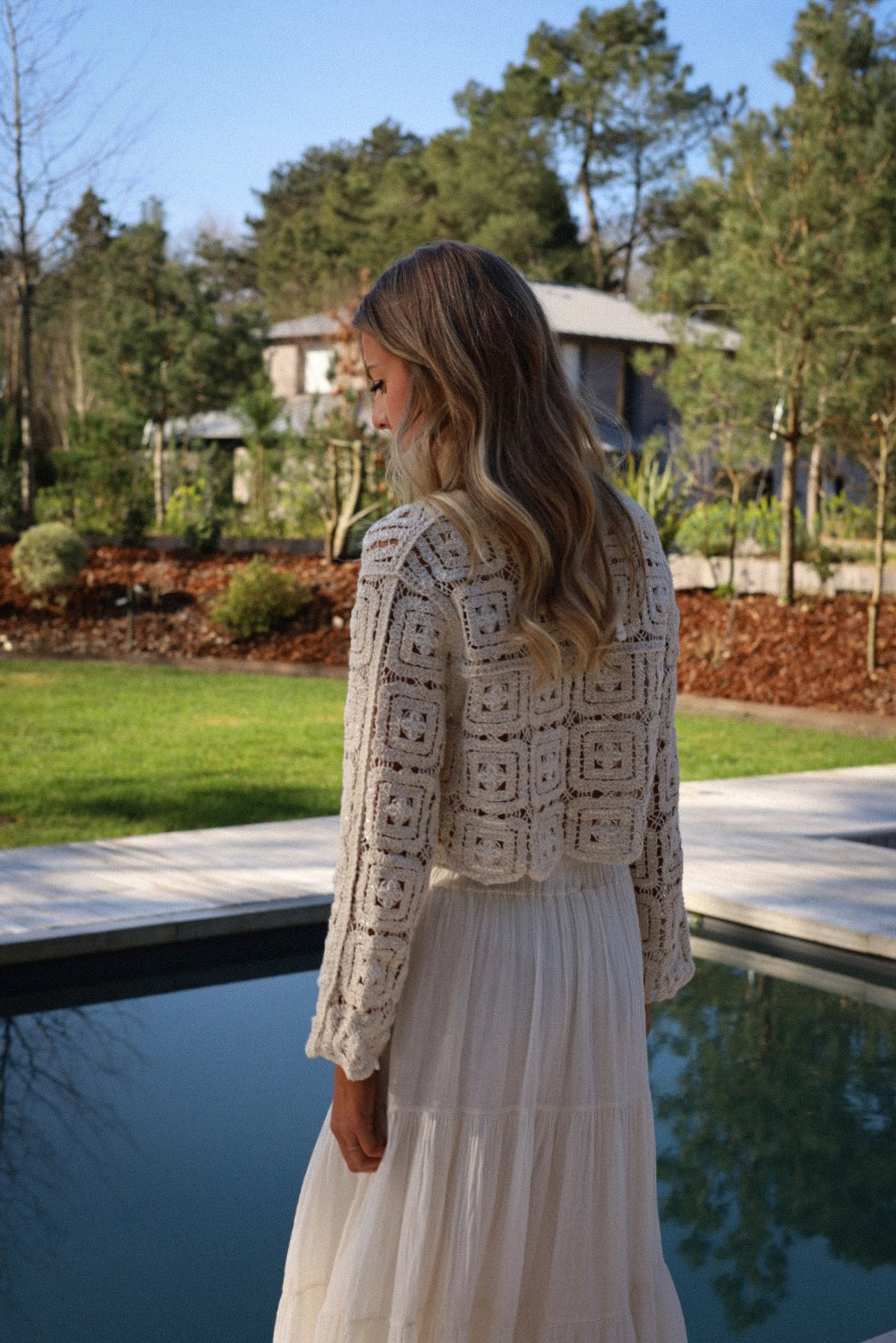 Hailey beige - Gilet crochet perlé