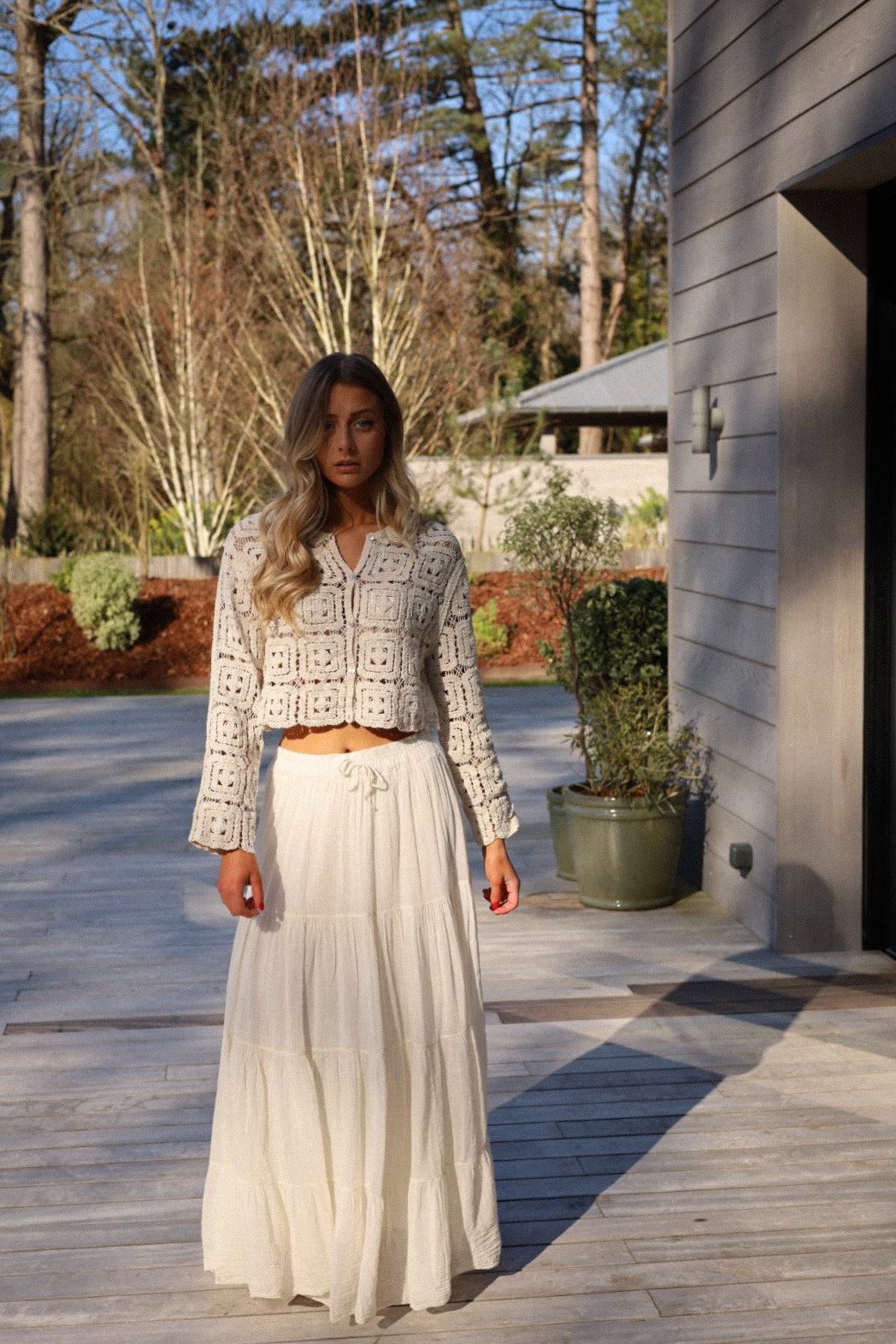 Hailey beige - Gilet crochet perlé