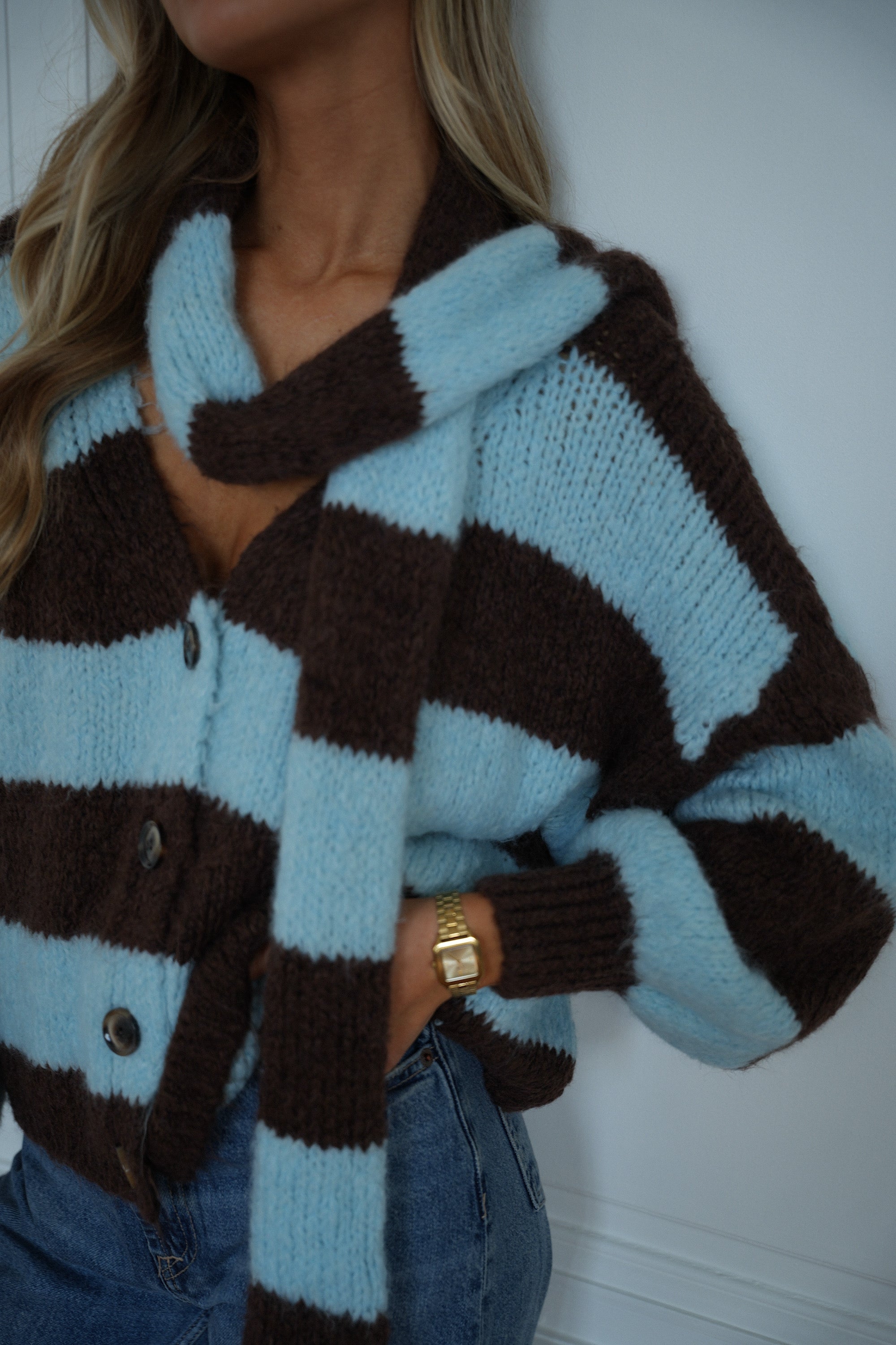 Jasmin bleu/chocolat - Gilet écharpe rayé