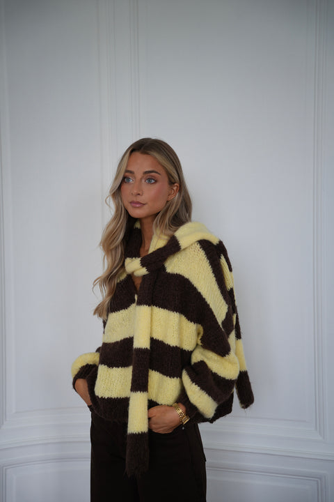 Jasmin jaune/chocolat - Gilet écharpe rayé