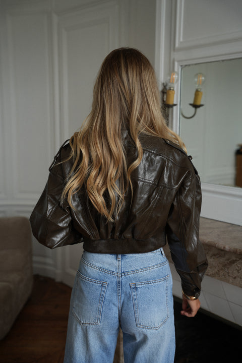 Arielle kaki - Veste cuir verni