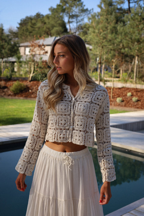 Hailey beige - Gilet crochet perlé