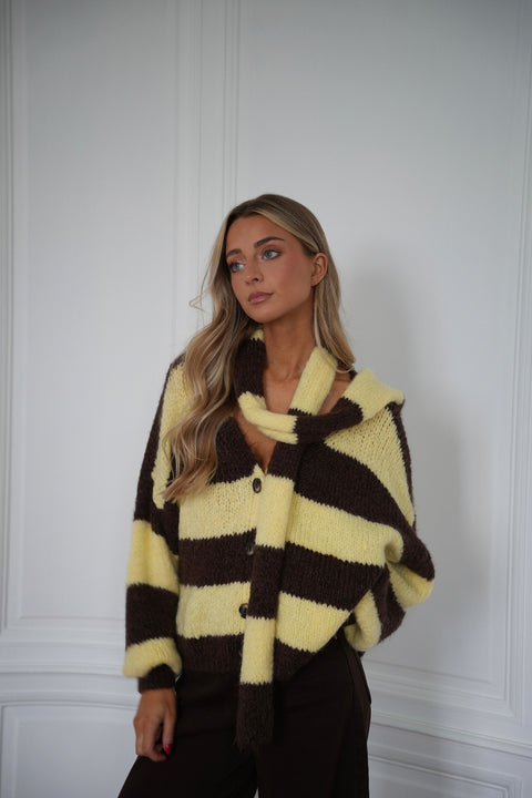 Jasmin jaune/chocolat - Gilet écharpe rayé