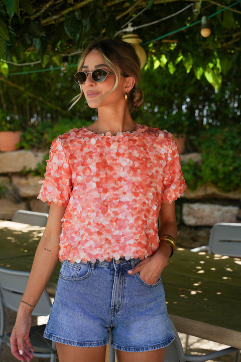 Liza orange - Blouse à sequins