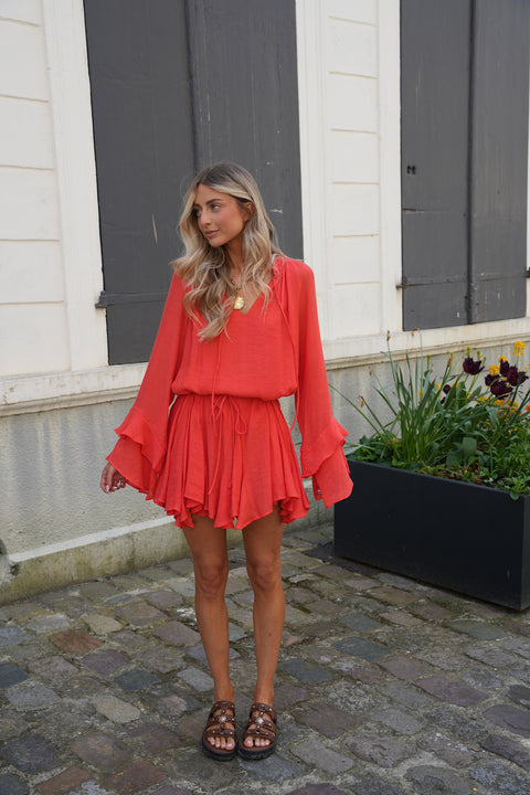 Vanina corail - Robe ceinturée