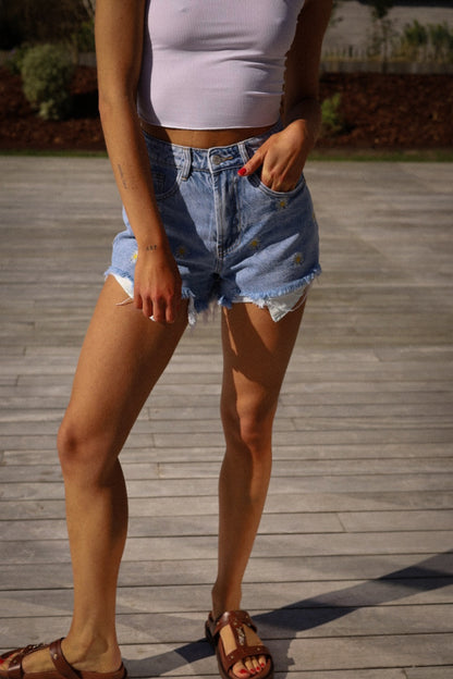 Marguerite bleu - Short jean brodé