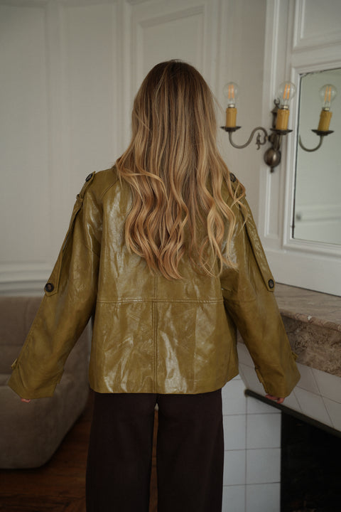 Zélie olive - Veste cuir verni