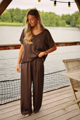 Julya chocolat - Pantalon satiné