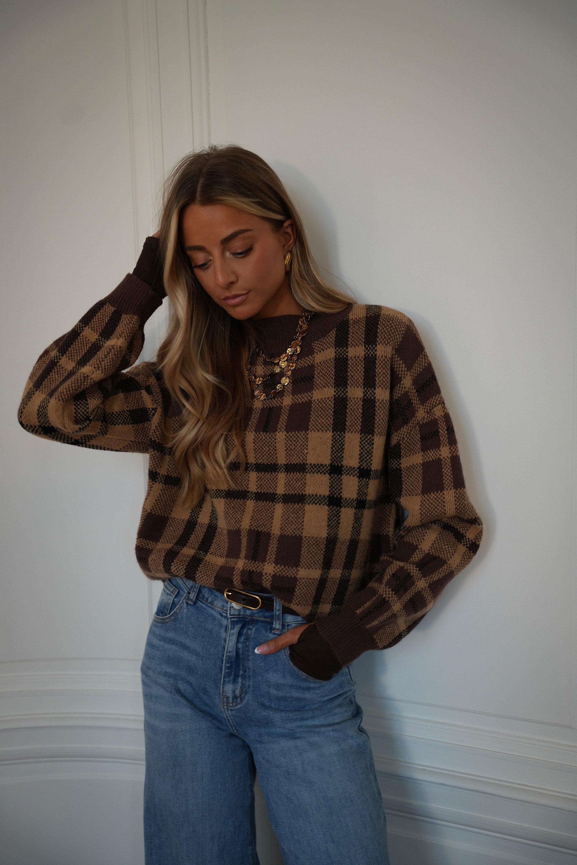 Esmee camel - Pull à carreaux