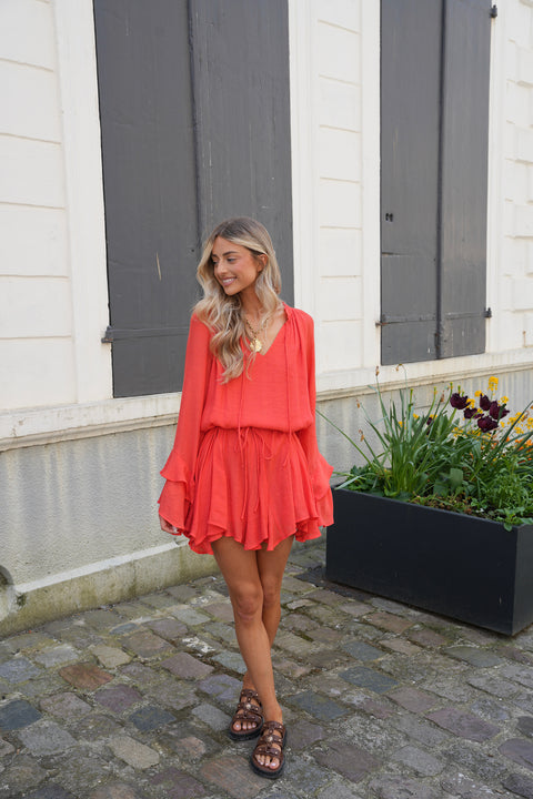Vanina corail - Robe ceinturée