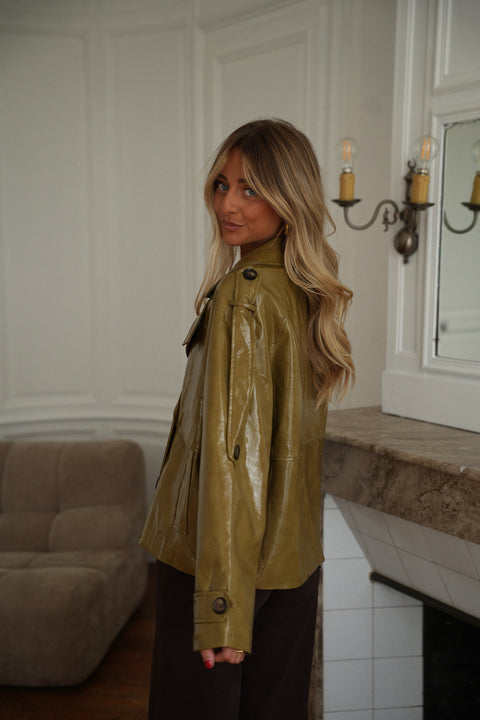 Zélie olive - Veste cuir verni