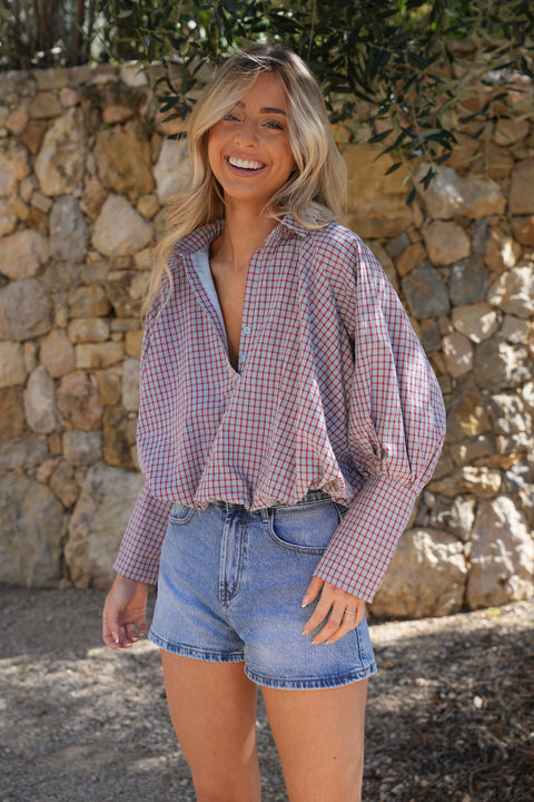 Miriam bleue/rouge - Blouse à carreaux