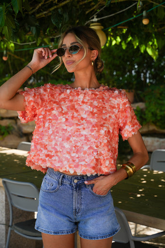 Liza orange - Blouse à sequins