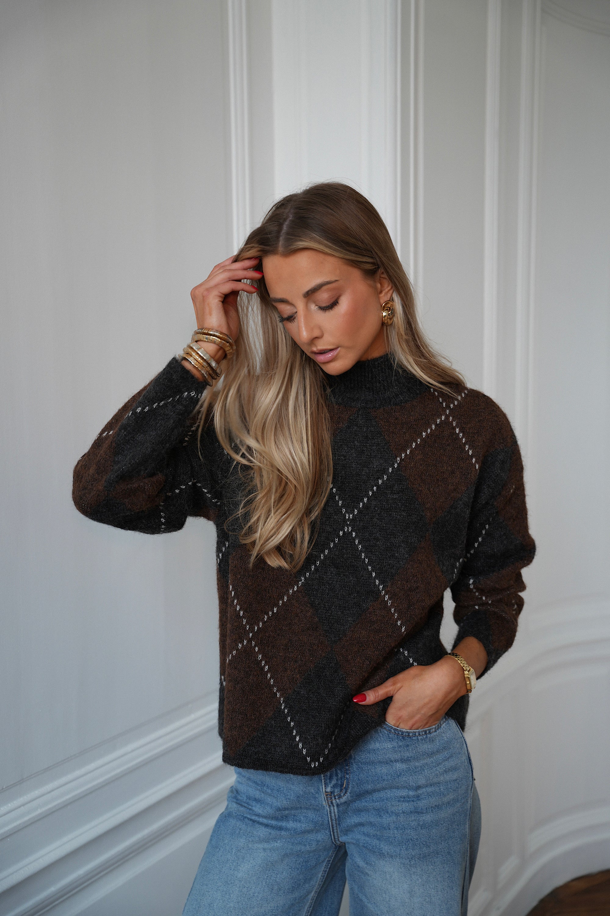 Mariana gris/chocolat - Pull losanges