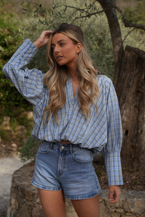 Eva bleue - Blouse à carreaux