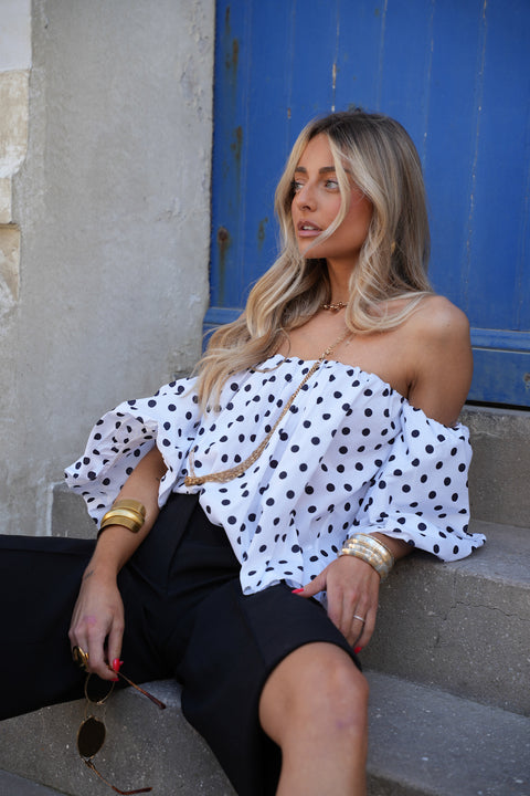 Sola blanc/noir - Blouse à pois