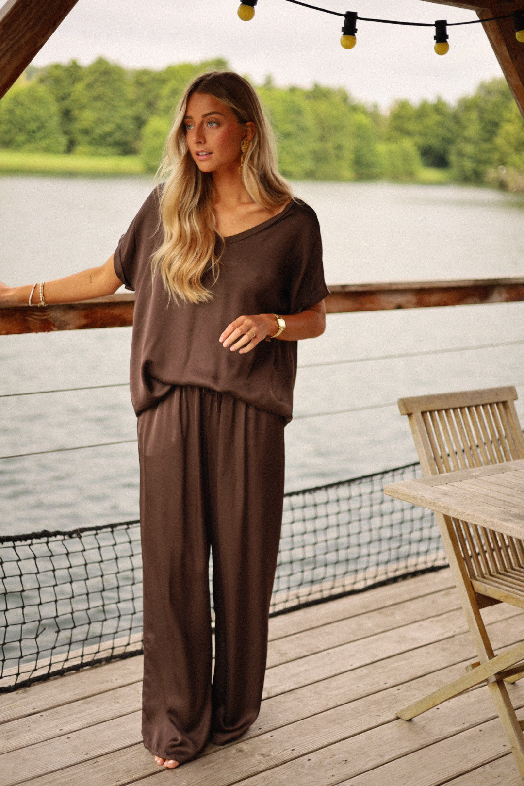 Julya chocolat - Pantalon satiné