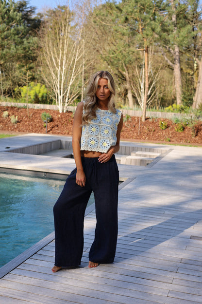 Lindie marine - Pantalon lin