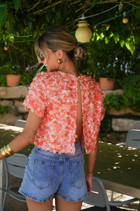 Liza orange - Blouse à sequins