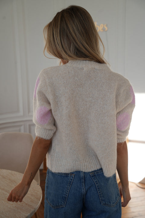 Léa crème/rose - Pull manches courtes