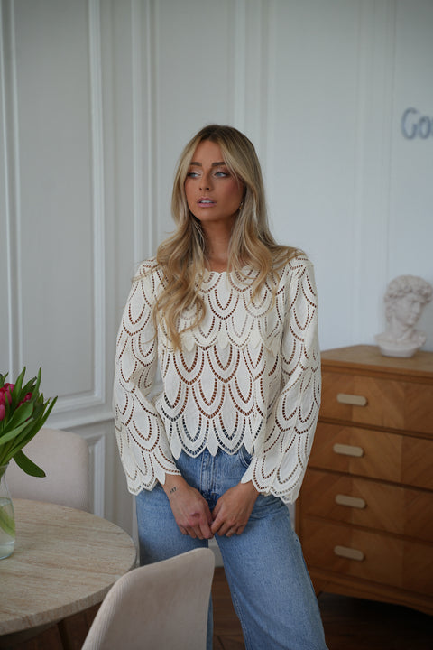 Rozane creme - Blouse brodée