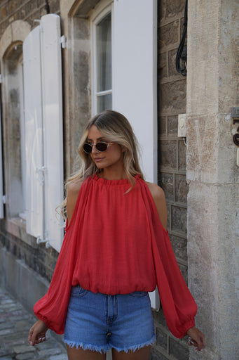 Karole corail - Blouse ajourée
