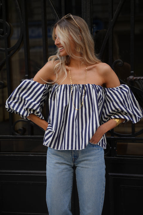Lucile bleue - Blouse rayée