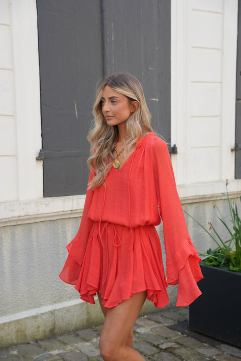 Vanina corail - Robe ceinturée