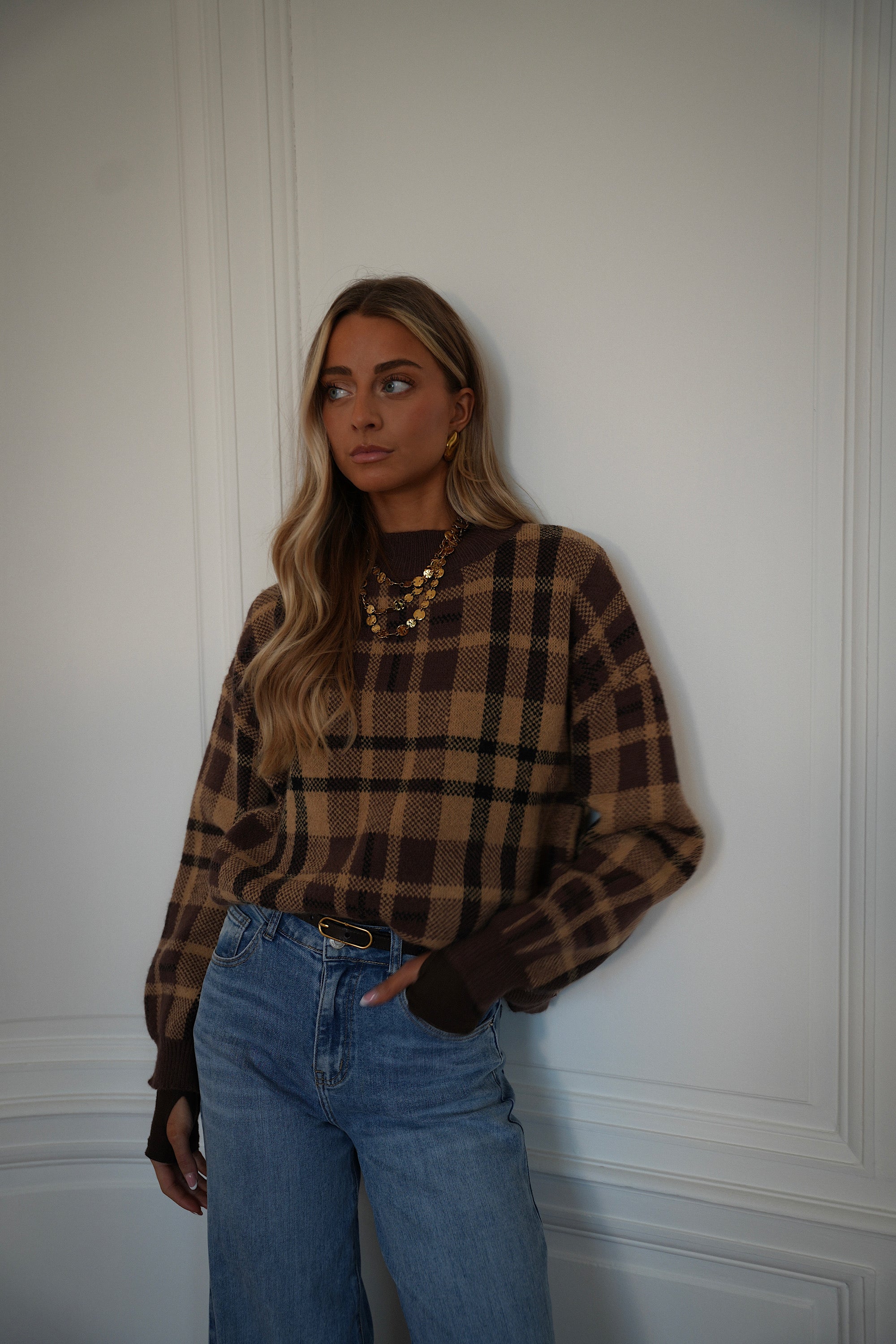 Esmee camel - Pull à carreaux