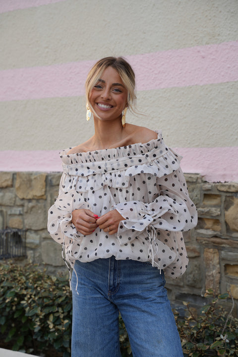 Aya crème/noire - Blouse à pois