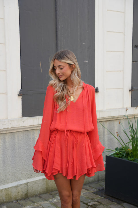 Vanina corail - Robe ceinturée