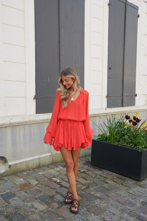 Vanina corail - Robe ceinturée