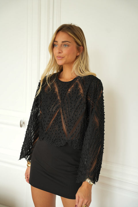 Kenza noir - Blouse perlée