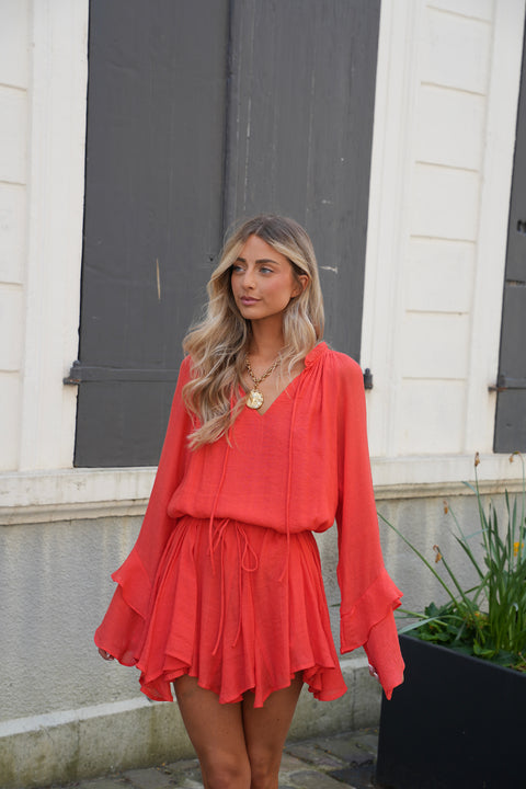Vanina corail - Robe ceinturée