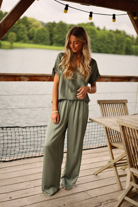 Julya kaki - Pantalon satiné