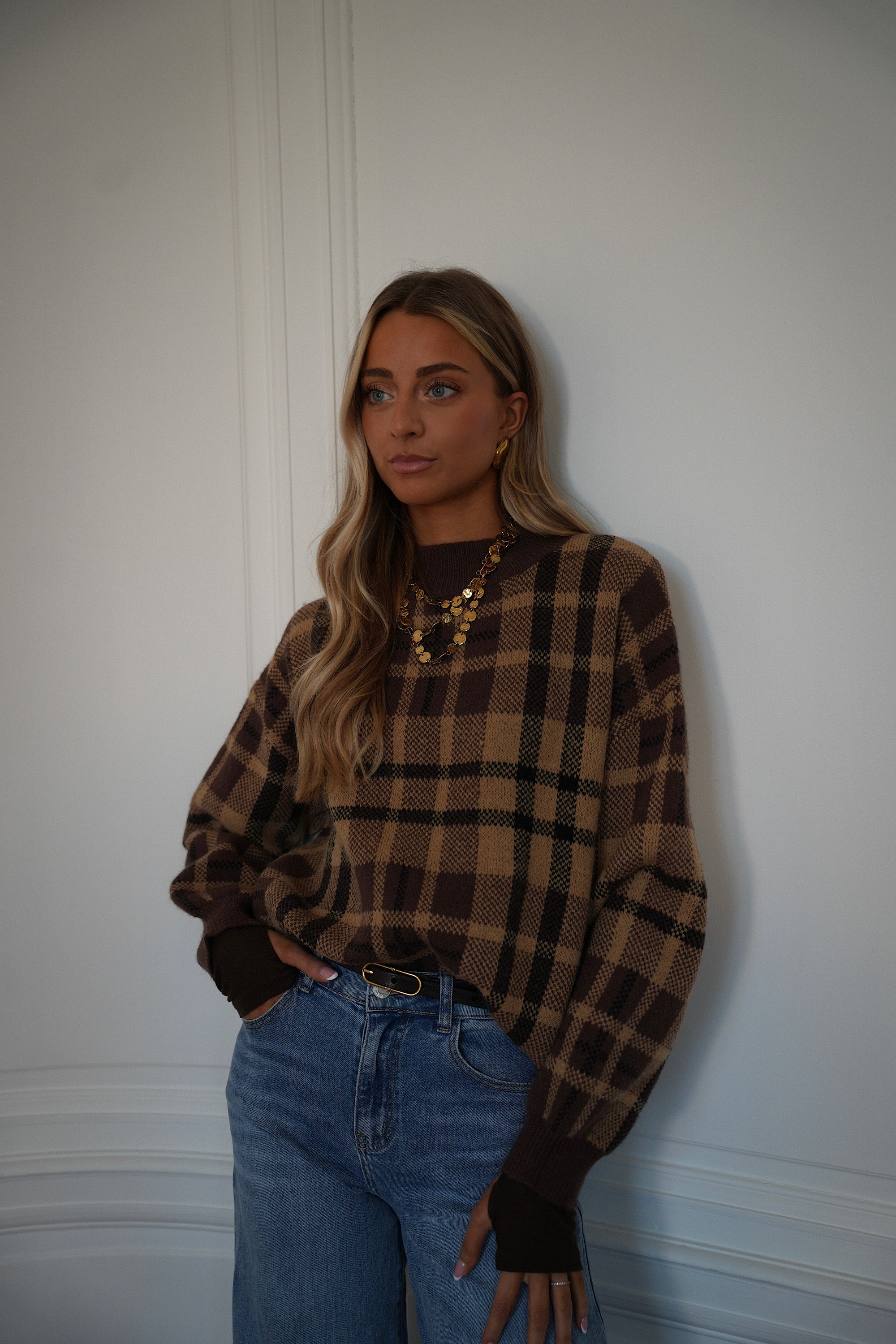 Esmee camel - Pull à carreaux