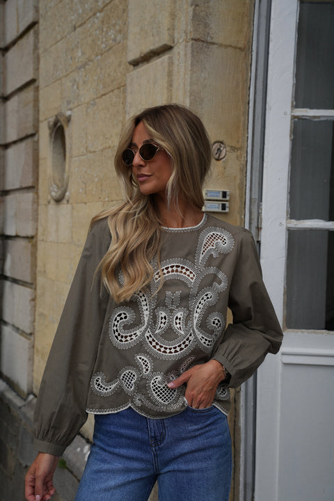 Annie kaki - Blouse brodée