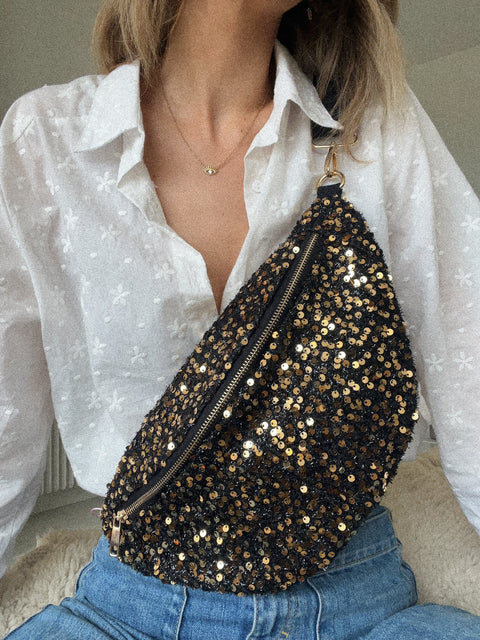 Goldy noir/doré - Sac banane sequins