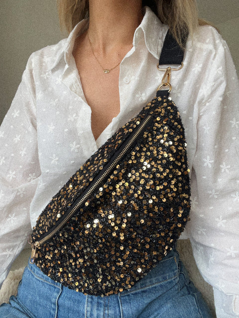 Goldy noir/doré - Sac banane sequins